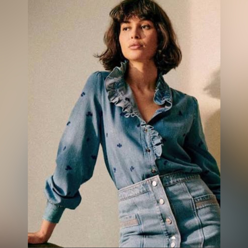 Sézane Chlo Blue Ruffle Denim Shirt Floral Embroidery - Picture 2 of 10